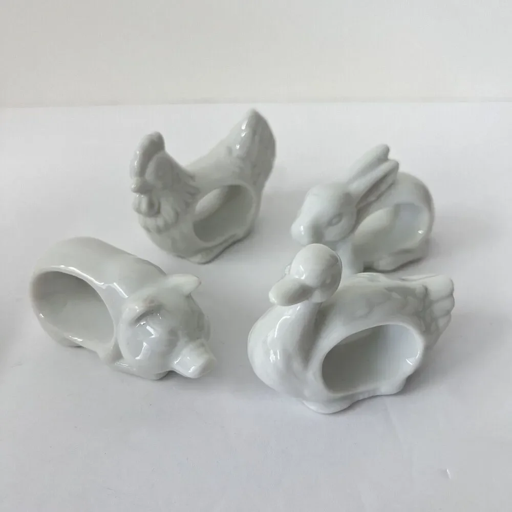 Vintage 1984 White Ceramic Farm Animal Napkin Rings Holders Set 4 Japan